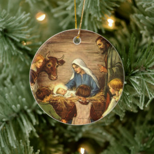 Ornement Rond En Céramique Nativité vintage avec Bébé Jésus "Ne pas déranger"