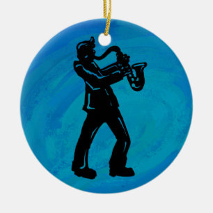 Ornement Rond En Céramique New York Boogie Nuits Saxophone Bleu