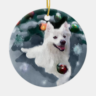 Ornement Rond En Céramique Noël américain de chien esquimau