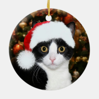 Ornement Rond En Céramique Noël de chat de smoking