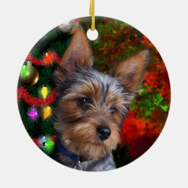 Ornement Rond En Céramique Noël de Yorkie (Dos)
