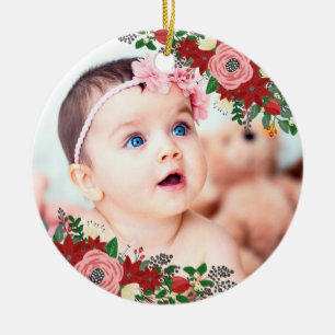 Ornement Rond En Céramique Noël du bébé de poinsettias et de roses   premi