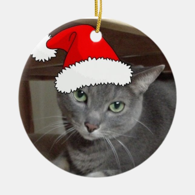 Ornement Rond En Céramique Noël du chat bleu russe (Devant)