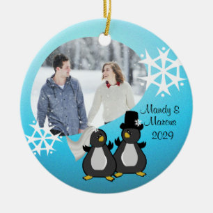 Ornement Rond En Céramique Noël Mariage de pingouin