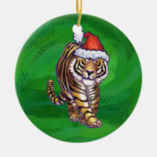 Ornement Rond En Céramique Noël Tigre Sur Vert