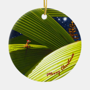 Ornement Rond En Céramique Noël tropical d'un lézard de Gecko
