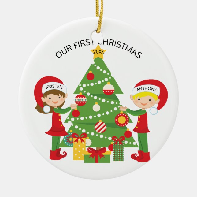 Ornement Rond En Céramique Notre Noël personnalisé premier par Noël (Devant)