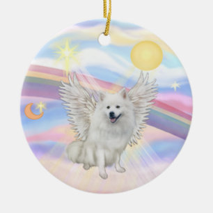 Ornement Rond En Céramique Nuages - American Eskimo Dog