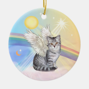 Ornement Rond En Céramique Nuages - Tabby Argent Tiger Chat Angel