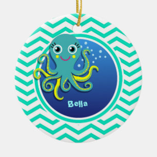 Ornement Rond En Céramique Octopus ; Aqua Green Chevron