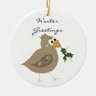 Ornement Rond En Céramique Oiseau d'hiver avec griffes de Holly
