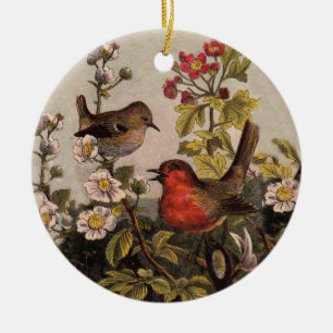 Ornement Rond En Céramique Oiseaux de printemps Robin Oiseaux rouges