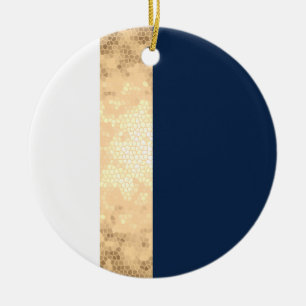 Ornement Rond En Céramique or élégant de faux, bleu marine, rayures blanches