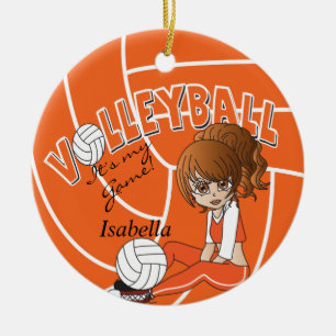 Ornement Rond En Céramique Orange Girly Volleyball