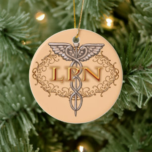 Ornement Rond En Céramique Oval Cuivre Caduceus LPN Infirmière