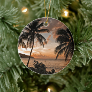 Ornement Rond En Céramique Palmiers Tropical Sunset Beach