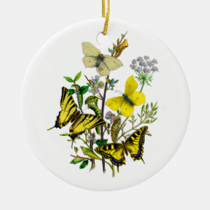 Ornement Rond En Céramique Papillons de jaune et de machaon