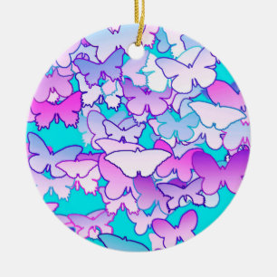 Ornement Rond En Céramique Papillons, violet et turquoise