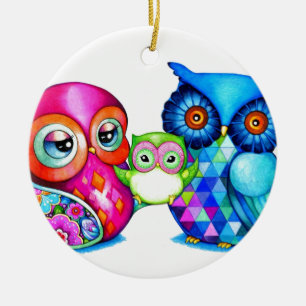 Ornement Rond En Céramique Parents et bébé de hibou