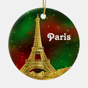 Ornement Rond En Céramique Paris Skyline Gravé, Ciel Étoilé Rouge Vert Noël