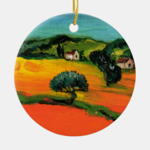 ORNEMENT ROND EN CÉRAMIQUE PAYSAGE DE TOSCANE AVEC TOURNESOLS