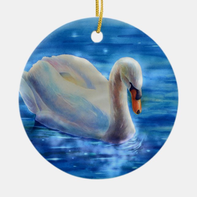 Ornement Rond En Céramique Peinture d'aquarelle blanche pour cygne (Devant)