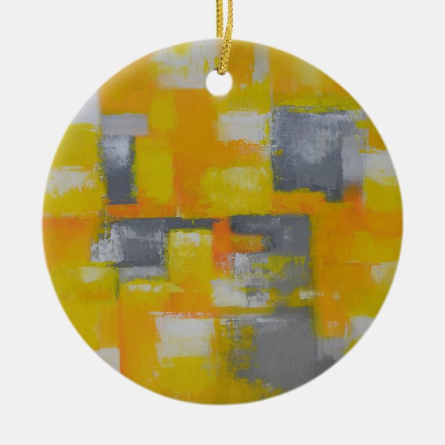 Ornement Rond En Céramique peinture gris jaune blanc abstrait (Devant)