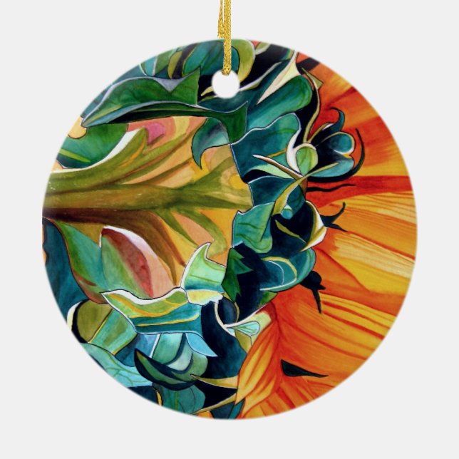 Ornement Rond En Céramique Peinture originale aquarelle tournesol jaune (Dos)