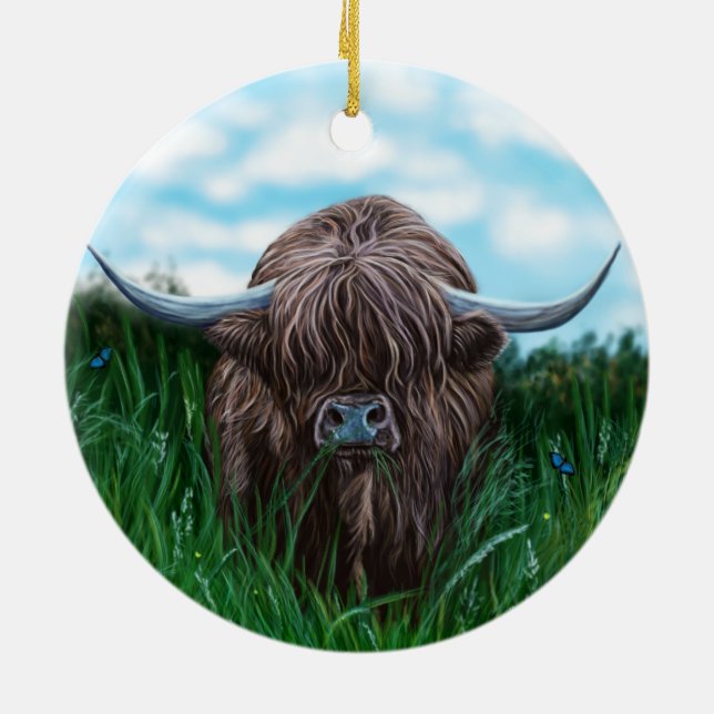 Ornement Rond En Céramique Peinture sur la vache écossaise des Highlands (Dos)