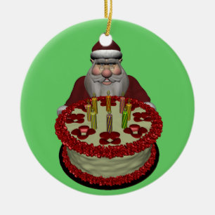 Ornement Rond En Céramique Père Noël Avec Gâteau D'Anniversaire