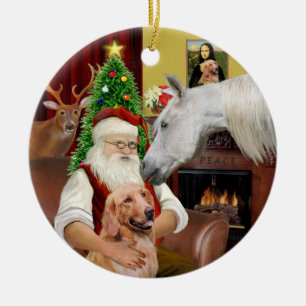 Ornement Rond En Céramique Père Noël - Cheval arabe et Golden