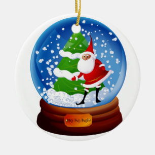 Ornement Rond En Céramique Père Noël et sapin de Noël dans une boule à neige