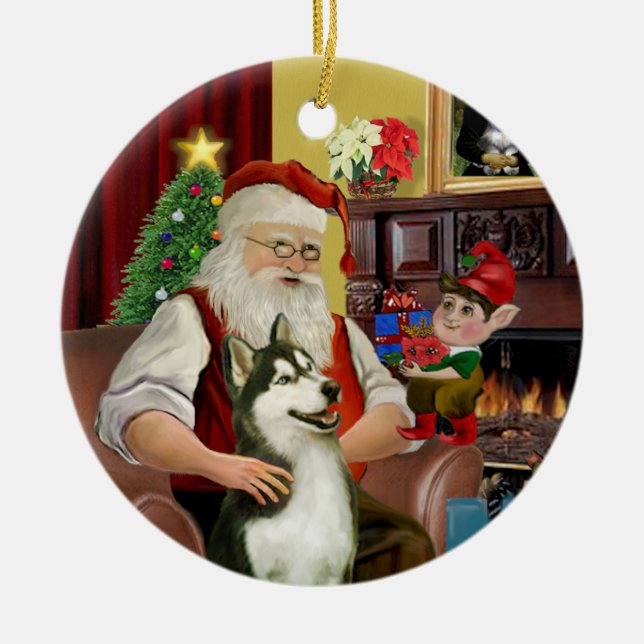 Ornement Rond En Céramique Père Noël Sibérien Husky #3 (Devant)