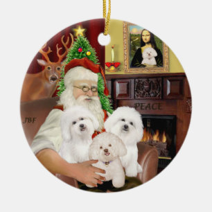 Ornement Rond En Céramique Père Noël - Trois Bichon Frise