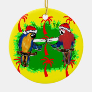 ORNEMENT ROND EN CÉRAMIQUE PERROQUETS DE NOËL