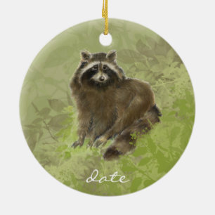 Ornement Rond En Céramique Personnalisé, Raccoon, Aquarelle
