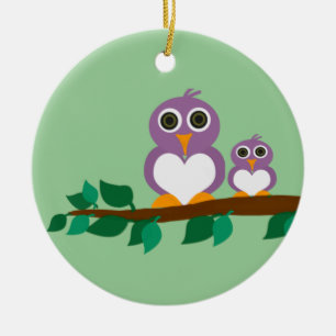 Ornement Rond En Céramique Petit hibou et bébé sur l'arbre