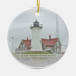 Ornement Rond En Céramique Phare dans le Joyeux Noël de neige