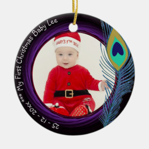 Ornement Rond En Céramique Photo de l'ornement du paon de Noël baptisé