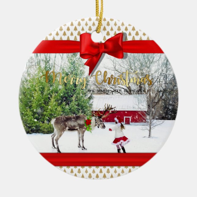 Ornement Rond En Céramique Photo de Noël Joie et Paix (Devant)