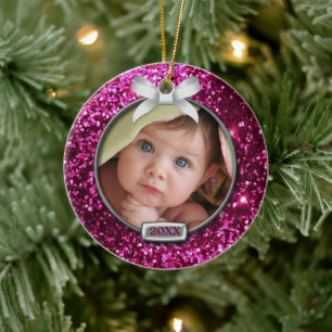 Ornement Rond En Céramique Photo Sparkings rose/Argent Bow