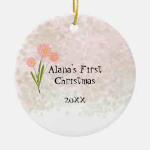 Ornement Rond En Céramique Pink Flowers Baby First Christmas