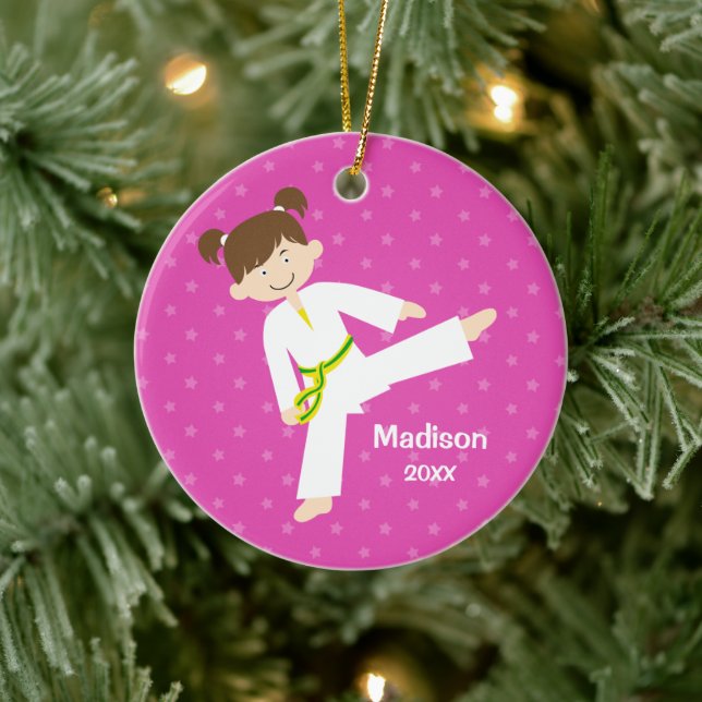 Ornement Rond En Céramique Pink Stars Taekwondo Karate Girl Personnalisée (Arbre)
