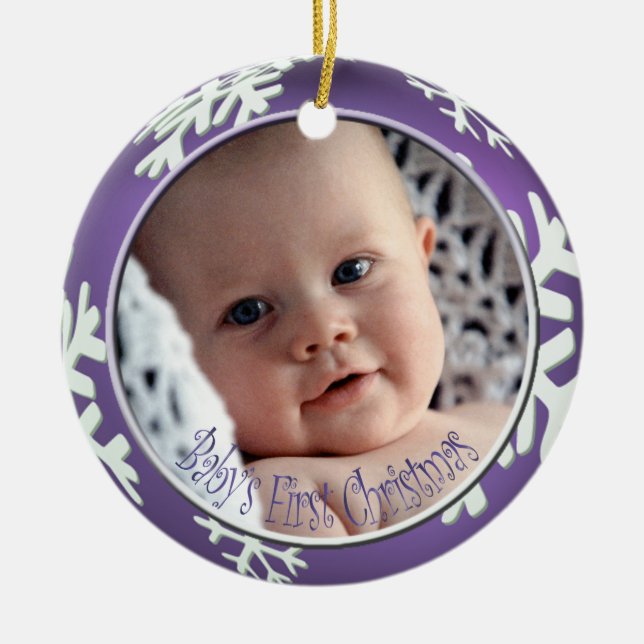 Ornement Rond En Céramique PixDezines Snowflakes, premier Noël du bébé (Devant)