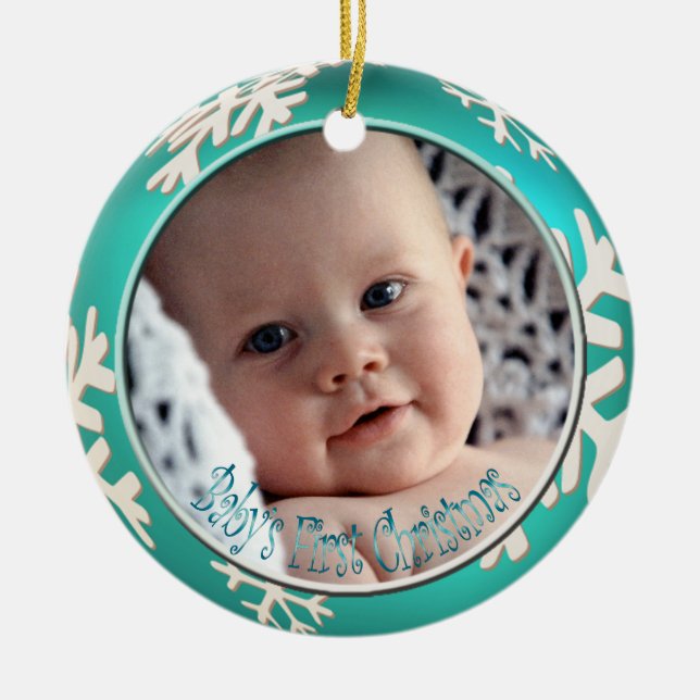 Ornement Rond En Céramique PixDezines Snowflakes, premier Noël du bébé (Devant)