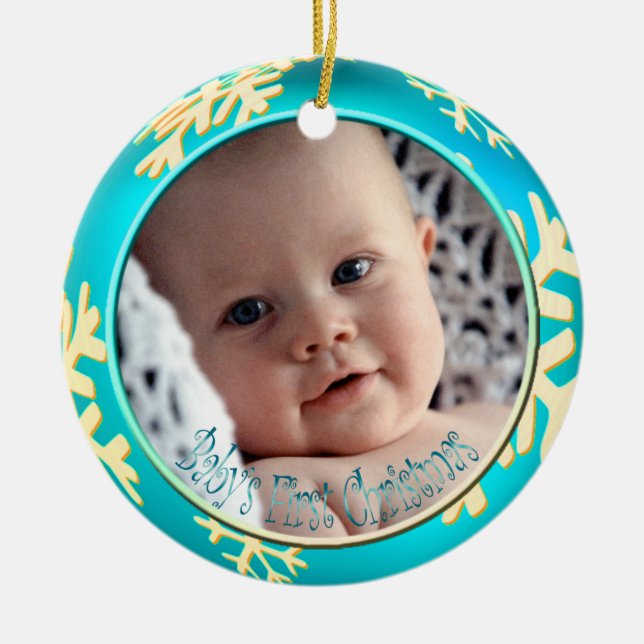 Ornement Rond En Céramique PixDezines Snowflakes, premier Noël du bébé (Devant)