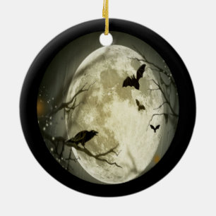 Ornement Rond En Céramique Pleine lune déplaisante avec oiseaux