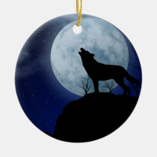 Ornement Rond En Céramique Pleine lune Wolf