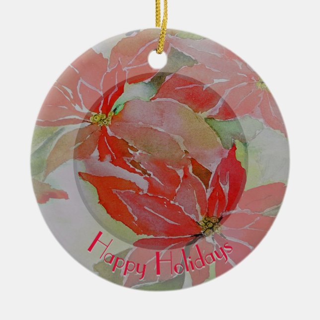 Ornement Rond En Céramique Poinsettias rouges avec votre texte circulaire (Devant)