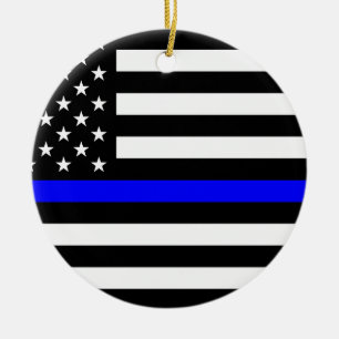 Ornement Rond En Céramique - Police à drapeau américain Ligne Bleue Mince